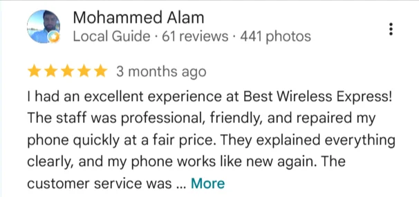 Google review screenshot: 5-star Google review screenshot