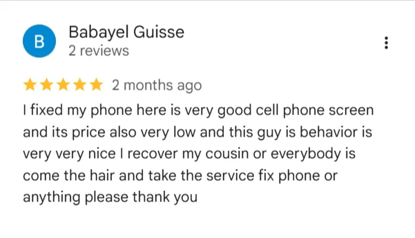 Google review screenshot: 5-star Google review screenshot