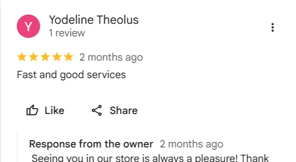 Google review screenshot: 5-star Google review screenshot