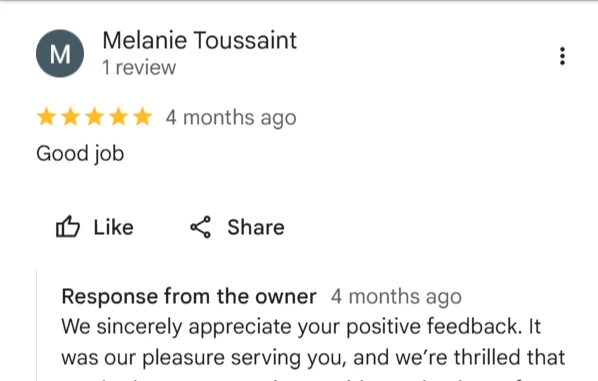 Google review screenshot: 5-star Google review screenshot